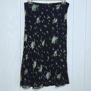 Vintage Y2K Banana Republic Women's 6 Black Blue Floral Print Lined Midi Skirt